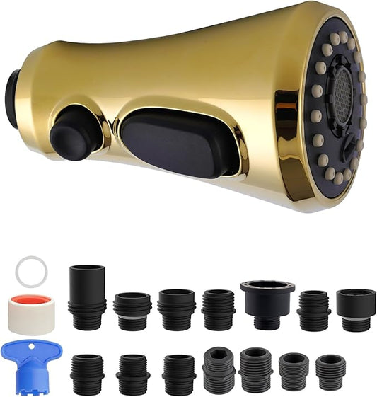 Hibbent Pull Down Spray Head for Kitchen Faucet, NSF/ANSI/CAN 61 & CUPC Certified 3-Function Spray Nozzle, 14 Adapters, Sink Faucet Head Replacement Compatible with Moen, Delta, Kohler, Polished Brass