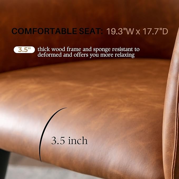 Brown PU Leather Chair, Upholstered Dining Room Chairs with Arms Set of 4 Mid Century Modern Kitchen Chair with Black Metal Legs Comfy Desk Armchair for Restaurant