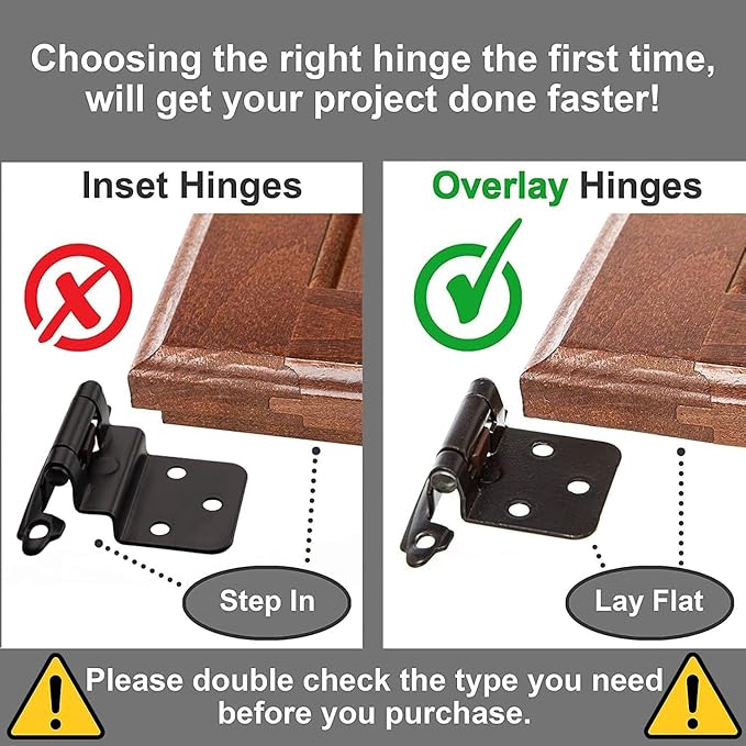 Decobasics 1/2" Overlay Matte Black Cabinet Hinges (2 Pair -4 Pcs) Self Closing Bath & Kitchen Cabinet Hinges Black Flush Mount w/Door Bumpers & Upgraded Screws