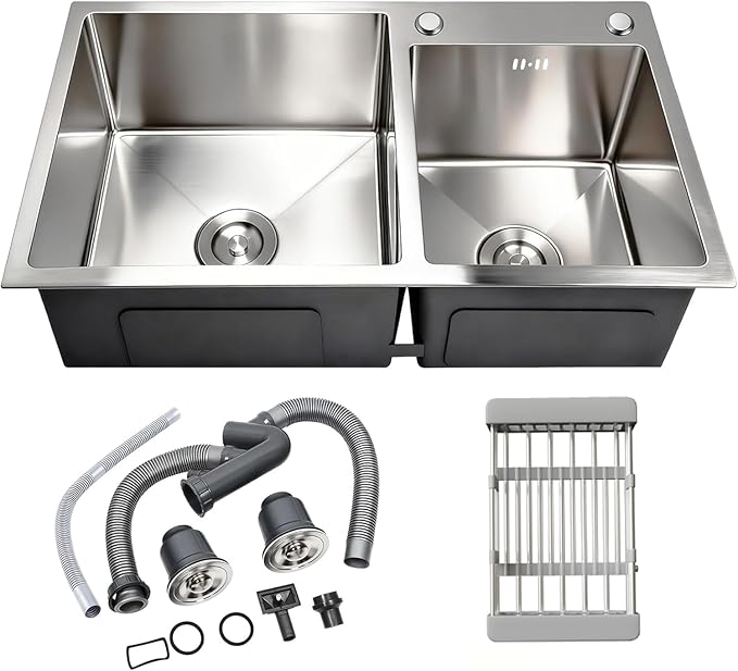 32" x 18" Drop-in/Topmount Double Bowl Kitchen Sink, Nano-Coated 304 Stainless Steel Kitchen Sink with Drain and Overflow