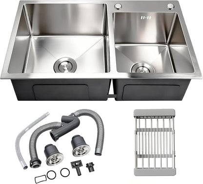 32" x 18" Drop-in/Topmount Double Bowl Kitchen Sink, Nano-Coated 304 Stainless Steel Kitchen Sink with Drain and Overflow
