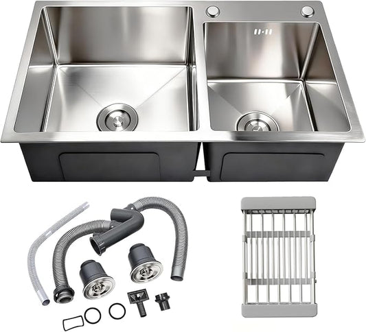 32" x 18" Drop-in/Topmount Double Bowl Kitchen Sink, Nano-Coated 304 Stainless Steel Kitchen Sink with Drain and Overflow