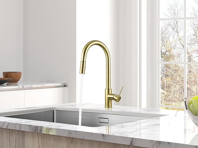 AguaStella AS60CB Brushed Gold Softly Kitchen Sink Faucet with Pull Down Sprayer Single Handle