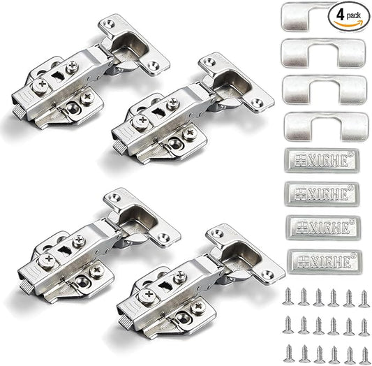 XIEHE Hardware 110 Degree Clip-on Soft Closing Inset Frameless Hinges 4 Pack, for Kitchen Cabinets Door Brushed Nickel 3D Flush Mount European Hinge with Screws