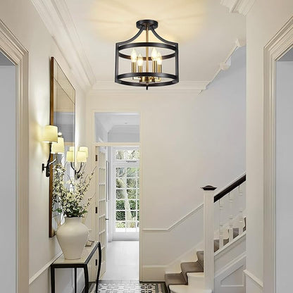 Farmhouse Dining Room Light Fixture,4 Lights Kitchen Chandeliers Over Table Modern Black&Gold Hanging Pendant Lamp Convertible Semi Flush Mount Ceiling Light for Entryway Foyer Island Hallway