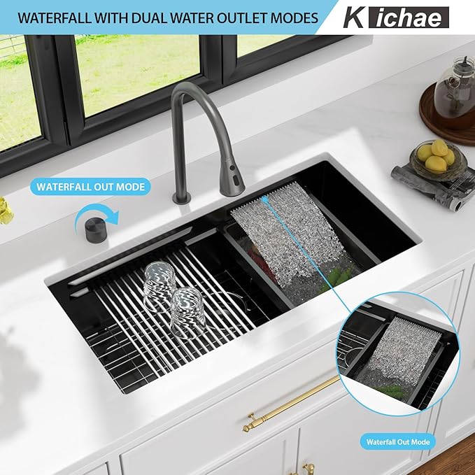 Kichae 32 Undermount Waterfall Kitchen Sink - 32 Inch Black Undermount Sink Ledge Workstation 16 Gauge Stainless Steel Deep Single Bowl Under Counter Handmade Basin with Faucet Combo & Wash Basin