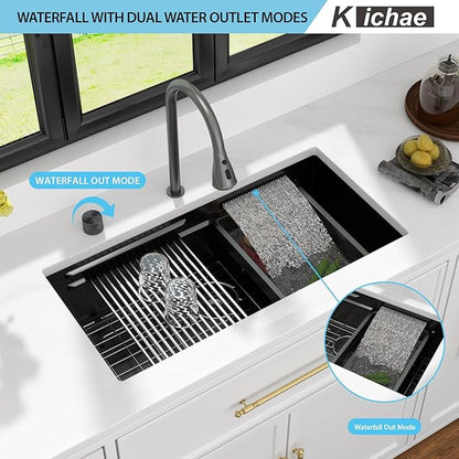 Kichae 32 Undermount Waterfall Kitchen Sink - 32 Inch Black Undermount Sink Ledge Workstation 16 Gauge Stainless Steel Deep Single Bowl Under Counter Handmade Basin with Faucet Combo & Wash Basin
