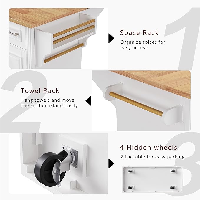 JIJIWANG 54" Large Kitchen Island with Drop Leaf and Storage, Embossed Texture Rolling Kitchen Cart on 4 Wheels with 4 Doors and 3 Drawers for Dining Room, White