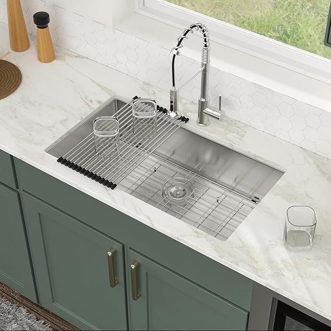 Logmey 33 Inch Undermount Kitchen Sink 33x19 Stainless Steel Sinks SUS304 16 Gauge Handmade Single Bowl Sinks With Round Corners 33x19x9