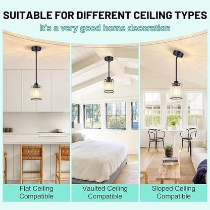3 Pack Pendant Lights Kitchen Island, Matte Black Kitchen Pendant Lighting Over Table with Adjustable Rods, Modern Mini Crystal Hanging Pendant Light Fixtures for Dining Room Entryway Bedroom