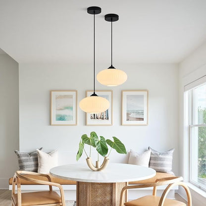 Large Milk Glass Pendant Lights Mid Century Modern Globe Pendant Lighting Black Industrial Pendant Lights Kitchen Island Vintage Ribbed Glass Ceiling Light (2 Pack)