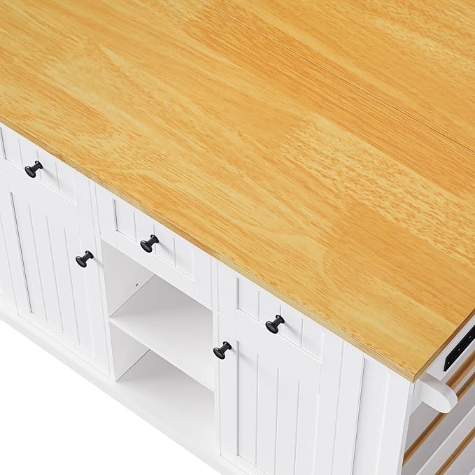 Rolling Kitchen Island with Storage, Farmhouse Kitchen Cart with Natural Wood Countertop, Lockable Wheels, Spice Rack & Towel Bar, White Mobile Island Table.