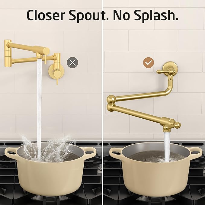 KES Upside Down Pot Filler Faucet with Heat-Resistant Cartridge, 26'' No Lead Vintage Pot Filler Faucet with Double Joint Swing Arm, Wall Mount, 18/8 Stainless Steel, Brushed Gold, KN928S24LF-BZ