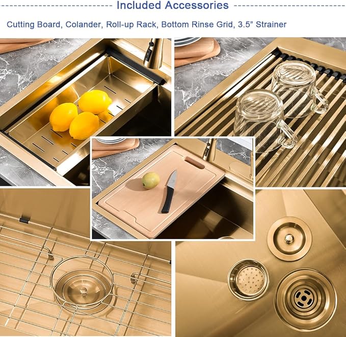 33 Inch Gold Kitchen Sink Drop In Workstation-Hovheir 33x22 Drop In Top Mount Kitchen Sink 16 Gauge Stainless Steel Single Bowl Deep Brushed Gold Sinks with Cutting Board