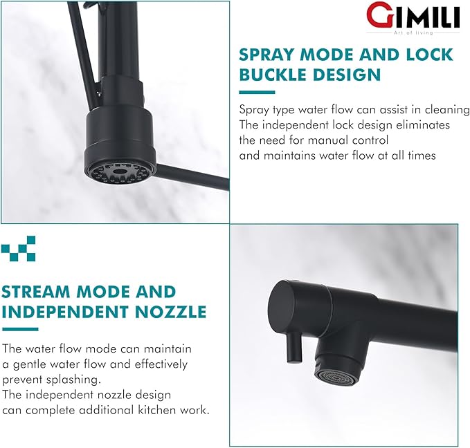 GIMILI Matte Black Kitchen Faucet with Soap Dispenser Commercial Kitchen Faucet with Pull Down Sprayer Double-Headed Single Handle Spring Stainless Steel Kitchen Sink Faucet