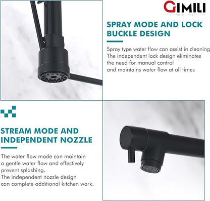 GIMILI Matte Black Kitchen Faucet with Soap Dispenser Commercial Kitchen Faucet with Pull Down Sprayer Double-Headed Single Handle Spring Stainless Steel Kitchen Sink Faucet
