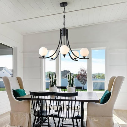 Modern Sputnik Chandelier for Dining Room Black Farmhouse Chandelier Glass Globe Dining Room Light Fixtures Mid Century White Glass Chandelier for Living Room Bedroom Kitchen Island Foyer