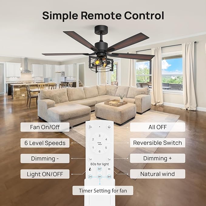Consciot 52 Inch Ceiling Fans With Lights Remote, Modern Farmhouse Caged Ceiling Fan, Reversible Motor, 5 Double Finish Wood Blades, Rustic Ceiling Fan For Porch, Living Rooms, Bedroom, Hunter Black