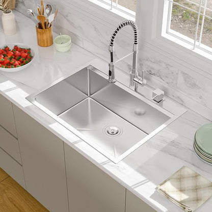 28 Inch Drop In Kitchen Sink - Beslend Stainless Steel Ledge Workstation Sinks 16 Gauge Top Mount Handmade Welding Large Single Bowl Over Counter Kitchen Basin with Accessories 28x22x10
