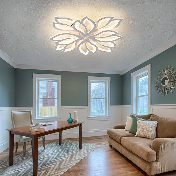 Modern LED Ceiling Light Fixture Dimmable, 28" White Modern Flower Ceiling Light with Remote Control, Low Profile Flush Mount for Bedroom, Kitchen, Living Room