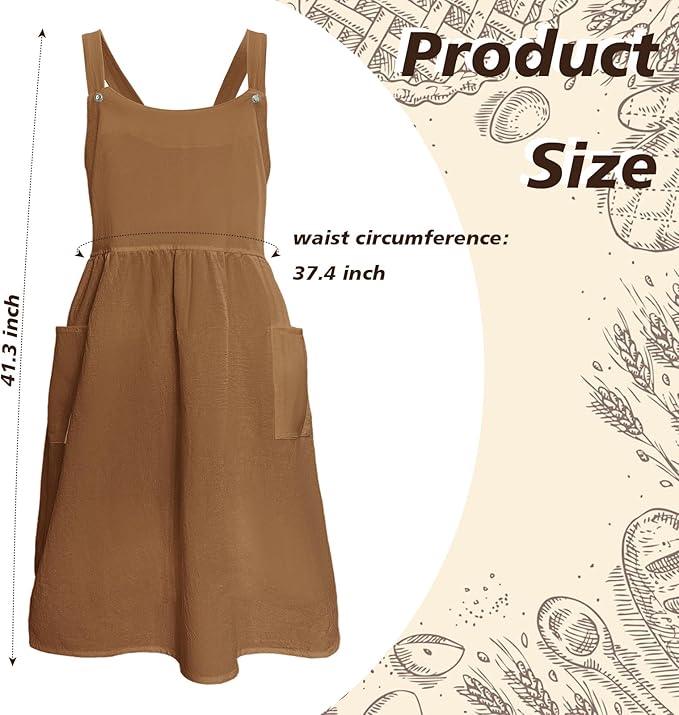 Cityelf Vintage Pinafore Apron Dress Snap Adjust Linen Cotton with Pockets Floral Aprons for Cooking Gardening