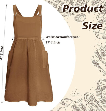 Cityelf Vintage Pinafore Apron Dress Snap Adjust Linen Cotton with Pockets Floral Aprons for Cooking Gardening