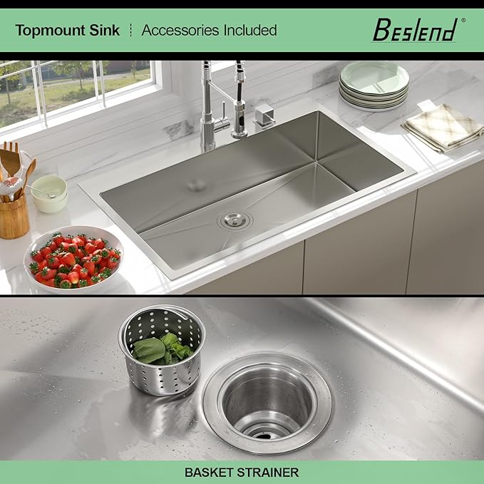 36 Drop In Kitchen Sink - Beslend 36x22 Inch Kitchen Sink Drop In Stainless Steel Sinks Topmount 16 Gauge 9" Deep Single Bowl Above Counter Sinks Dish Basin, Sink Only