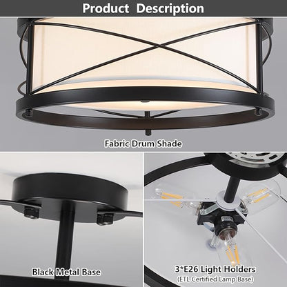 Modern Flush Mount Ceiling Light, 3-Light Black Metal White Fabric Shade Close to Ceiling Light Fixture for Kitchen Dining Room Bedroom Living Room Foyer E26 Base (Not Included Bulb)