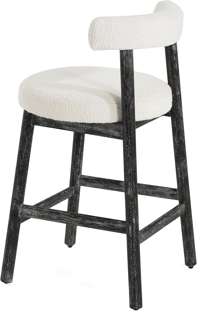 Christopher Knight Home Annes Counter Height Bar Stools Set of 2, Boucle Fabric Round Bar Stool for Kitchen Island, Wooden Dining Room Chair, Counter Stool with Footrest, Black+Milky White