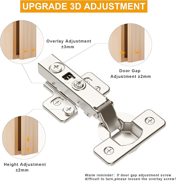 2 Pack Precision-Engineered Full Overlay Soft Close Cabinet Hinges, Frameless European Kitchen Cabinet Hinges 35mm Cup Clip-On 3D Adjustment Concealed Cabinet Door Hinges Nickel Plated Finish