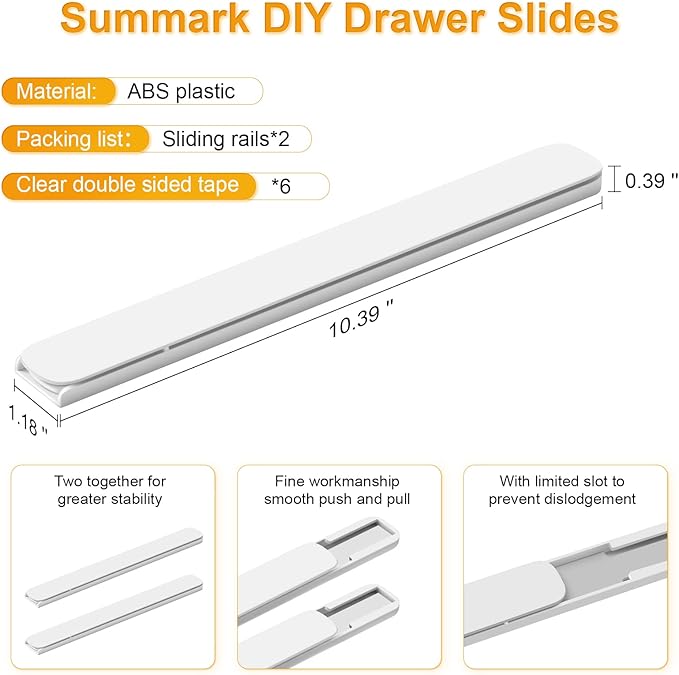 Summark Pull Out Rail for Baskets or Bins.Storage and Organization Accessories for Cabinet,Shelves.DIY Drawer Organizers Slides.2 Packs,White (1)