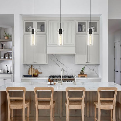 Glass Black Pendant Light, 2 Pack Modern Kitchen Island Pendant Lighting with Ribbed Glass, Adjustable Cord Pendant Light for Over Island, Dining Room, Bathroom Bedroom