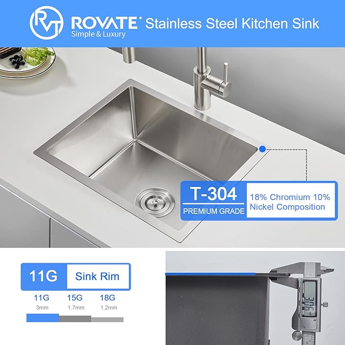 ROVATE 22 x 18 x 9 inch Kitchen Sink Undermount Single Bowl, 304 Stainless Steel Bar or Prep Kitchen Sink Handmade with Strainer
