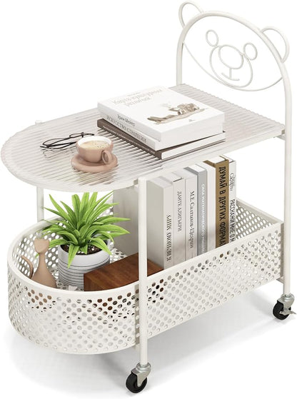 Giantex Mobile Glass Coffee Table, 2-Tier Modern Cocktail Table with Bear Pattern, Storage Basket & Metal Frame, Sofa Side Tea Table on Lockable Wheels, Center Table for Living Room, Bedroom (White)