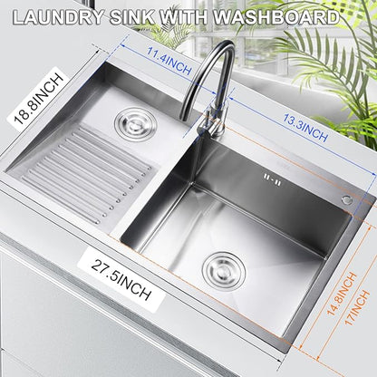 Laundry Utility Sink With Washboard Stainless Steel Kitchen Sink Household Pool Balcony Room Wash Basin Easy Clean Double-Bowl, 700mm/27.5"