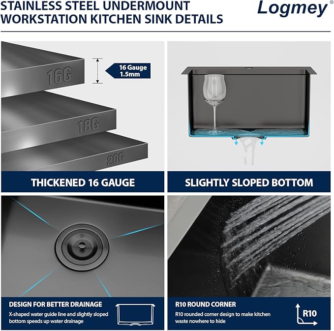Logmey 18" Square Drop in Bar Sink,PVD Nano Gun Black 16 Gauge Stainless Steel,18x18x9 All in One Workstation Sink for Kitchen Prep,RV,Wet Bar & Outdoor