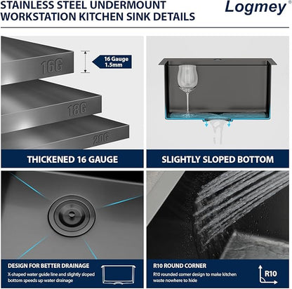 Logmey 18" Square Drop in Bar Sink,PVD Nano Gun Black 16 Gauge Stainless Steel,18x18x9 All in One Workstation Sink for Kitchen Prep,RV,Wet Bar & Outdoor