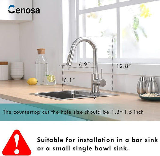 Modern Bar Sink Faucet for Kitchen Sink Single Handle with Pull Out Sprayer Hot and Cold Brushed Nickel CENOSA