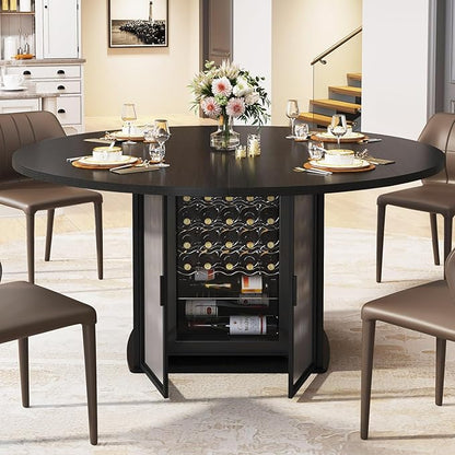 IBF Black Round Dining Table for 4-6, 47" Kitchen Table with Fridge Space, Modern Dining Room Tables with Storage, Industrial Wood Dinner Tables for Home Kitchen Living Room, Black Oak, Only Table