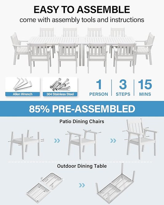 YEFU Outdoor Patio Dining Sets: All Weather 12 Piece Dining Table Set for 10 with Umbrella Hole & Aluminum Frame - Outdoor Furniture 2 Table and 10 Chairs for Outside Backyard/Porch/Deck White