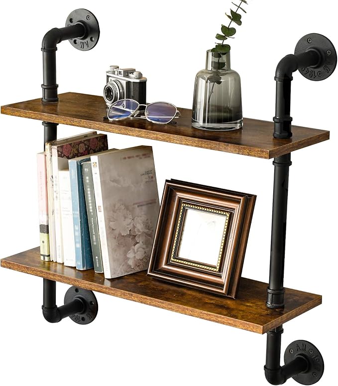 IBUYKE 26" Pipe Floating Shelves,2-Tiers Industrial Pipe Shelves, Rustic Wall Mount Bookshelf,Metal Bracket Storage Wall Shelf for Bedroom, Kitchen, Living Room, Bathroom RF-TM004
