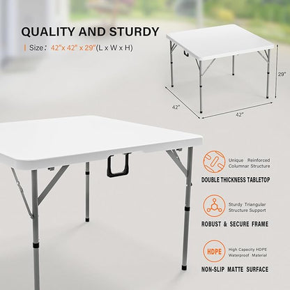 VINGLI 42" Fold in Half Square Table, Bi-Folding Commercial Portable Plastic Dining Table for Kitchen Outdoor Party Wedding Event, White