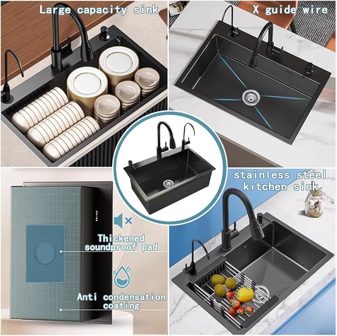 21.7 x 17.7 Inch Black Single Bowl Sink with faucet,Large Capacity Stainless Steel Drop In Kitchen Sink,Topmount Utility Workstation Sink With Multiple Accessories