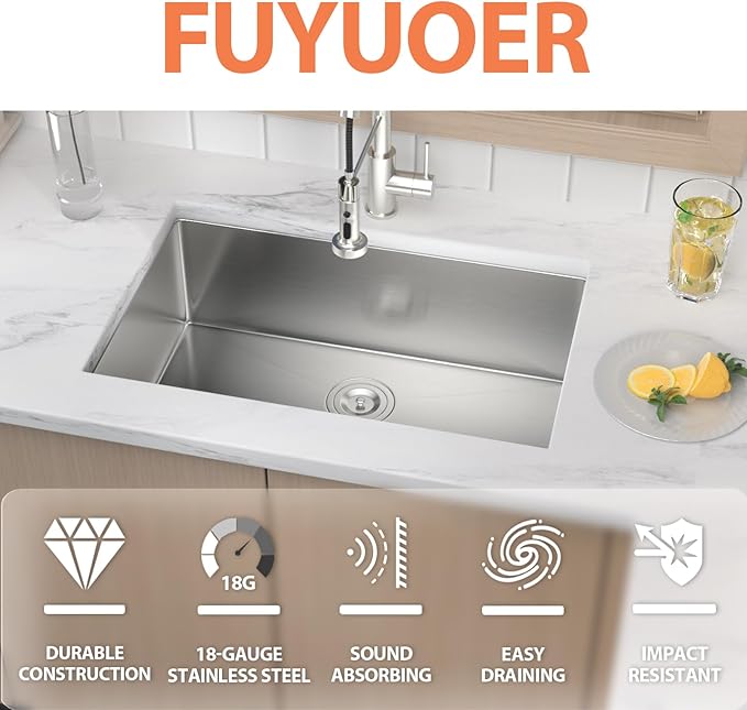 28 Inch Undermount Kitchen Sink 18 Gauge Stainless Steel Under Counter Sink Single Bowl Deep Handmade Single Bowl Kitchen Sink,28"x18"x9"