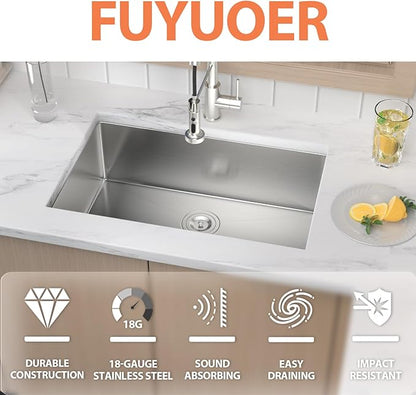 28 Inch Undermount Kitchen Sink 18 Gauge Stainless Steel Under Counter Sink Single Bowl Deep Handmade Single Bowl Kitchen Sink,28"x18"x9"