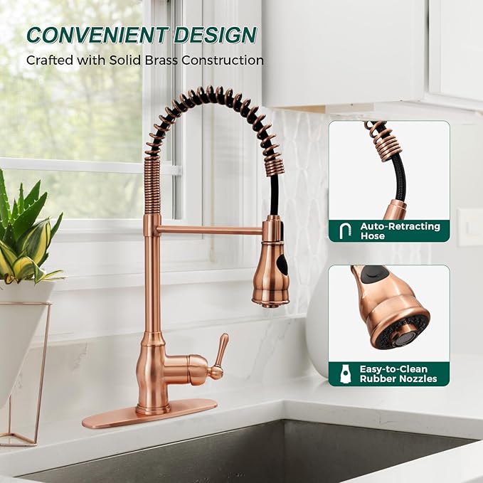 Akicon One-Handle Pre-Rinse Pull-Down Spring Copper Kitchen Faucet - Including 5Years Warranty Akicon …