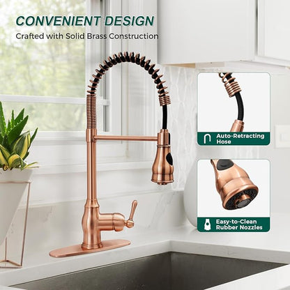Akicon One-Handle Pre-Rinse Pull-Down Spring Copper Kitchen Faucet - Including 5Years Warranty Akicon …