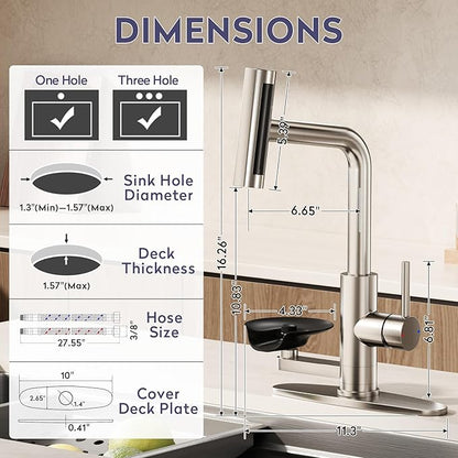 HOWUWEY Kitchen Faucet with Pull Down Sprayer & Cup Washer, Glass Rinser Faucet for Kitchen Sink, Single Handle Waterfall 1 or 3 Hole Tap for Bar Sink Farmhouse Camper Laundry Rv (Brushed Nickel)