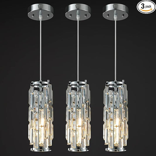 LMQNINE Pendant Lights Modern Chrome Pendant Light Mini Crystal Chandelier Pendant Lighting for Kitchen Island Dinning Room Bedroom Kitchen Sink Lighting (Chrome 3-Pack)
