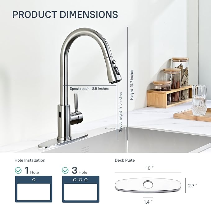 Arofa Touchless Bathroom Faucets, Kitchen Faucet with Pull Down Sprayer, Single Handle Smart Motion Sensor Kitchen Sink Faucet, Stainless Steel Faucet for Kitchen Sink, Brushed Nickel